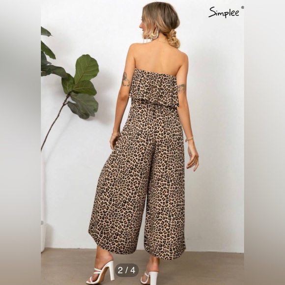 MEDIUM Simplee Leopard Print Split Thigh Belted Tube Jumpsuit ➡️MISSING BELT⬅️ - Picture 3 of 7